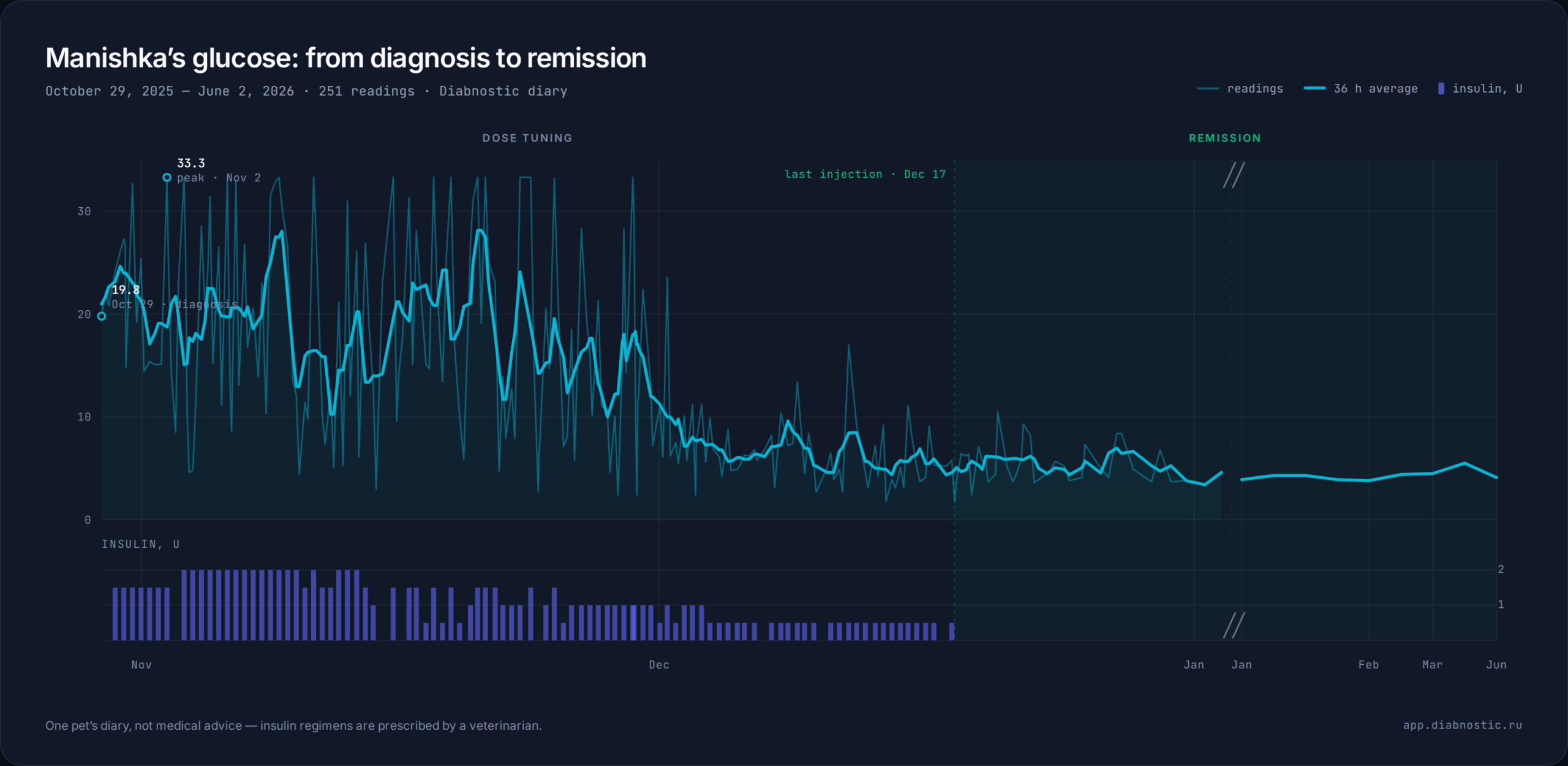Manishka’s glucose chart, October 29 2025 – June 2 2026: from diagnosis to remission
